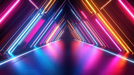 Poster - Vibrant dark background with neon lines and geometric shapes, capturing the movement of multi-color lights and symmetrical 3D reflections.