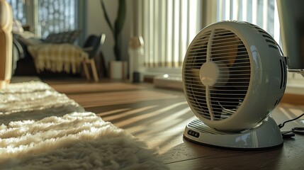 close up shot of portable heater on floor at home. closeup of white electric fan heater on floor in living room. climate, temperature in the house concept