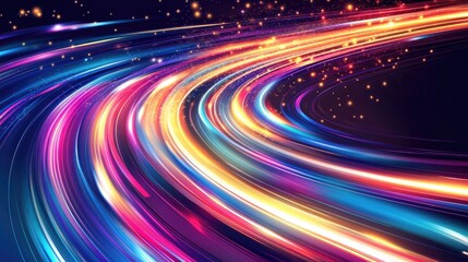Poster - Vibrant vector illustration of colorful light trails and long exposure motion blur effect, creating a visually engaging design with flowing lights.
