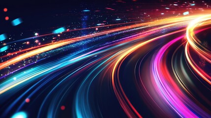 Poster - Vibrant vector illustration of colorful light trails and long exposure motion blur effect, creating a visually engaging design with flowing lights.