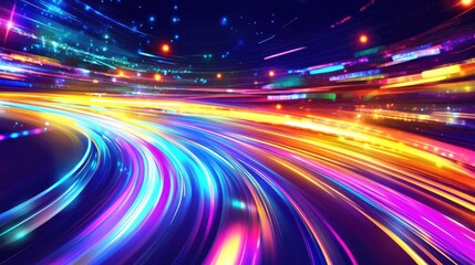 Poster - Vibrant vector illustration of colorful light trails and long exposure motion blur effect, creating a visually engaging design with flowing lights.