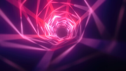 Poster - Abstract bright purple glowing background with a tunnel of lines and stripes of energy of burning rays of plasma and electricity with light