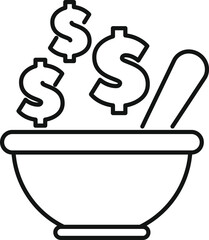 Sticker - Line art illustration of a mortar and pestle grinding up dollar signs, symbolizing making money