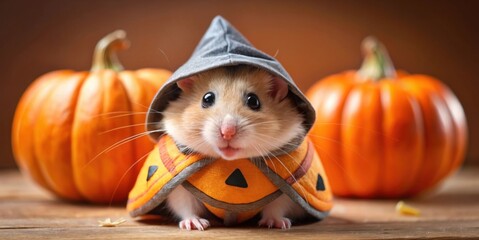 funny hamster in halloween costume with two pumpkins in the background, soft focus