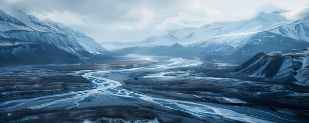 Wall Mural - Glacier-carved valley with a winding river flowing through it, 4K hyperrealistic photo