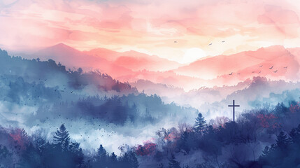 Wall Mural - Watercolor painting of cross silhouette on mountain landscape with flying birds during sunset nature background christianity faith god heaven hope jesus love religion spiritual