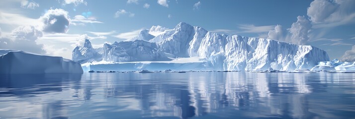 Wall Mural - a large ice-covered mountain is reflected in the water. the sky is clear and blue, and the water is 
