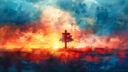 Christian cross silhouette on dramatic sky background religion concept faith belief god Jesus christ church spiritual Christianity heaven easter prayer hope gospel lord