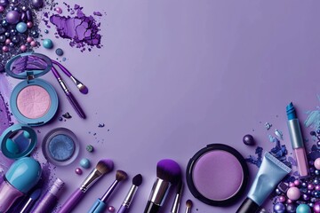 Eye shadows on a purple background. Purple makeup essentials flat lay. Use purple and blue makeup essentials to create a vibrant look.