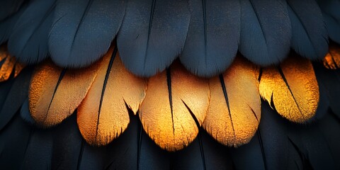 Wall Mural - A close up of a bird's feathers, with some of them having a golden hue. The feathers are arranged in a way that creates a sense of depth and texture, with some feathers overlapping