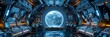 © inspiretta - A futuristic space station with a large window that shows the Earth. The room is filled with monitors and buttons, giving the impression of a high-tech environment