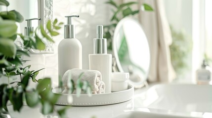 Poster - Cosmetic product presentation on white table with mirror in bathroom.