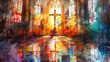 © Hoody Baba - Colorful church interior with crucifix and stained glass windows faith religion christianity cathedral architecture holy spiritual chapel belief god jesus christ worship prayer