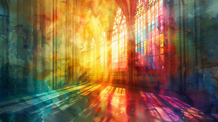 Gothic church interior stained glass windows sun rays architecture cathedral religious building chapel historical old ancient faith religion spirituality ambiance atmosphere colorful abstract art