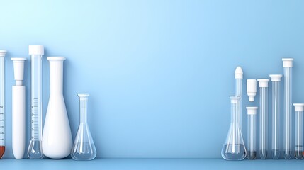 Wall Mural - clear test tubes and flasks filled with liquid are arranged on a table in a laboratory with a calmin