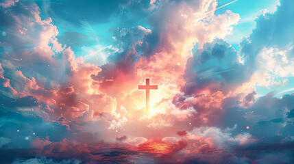 Dramatic sky cloudscape with christian cross sunset background easter heaven god religion faith jesus light belief spiritual christianity concept