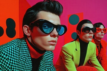 retro futuristic fashion models wearing bold sunglasses against a vibrant geometric background