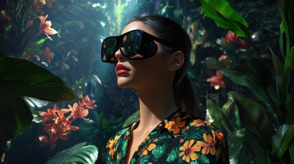 A woman wearing sunglasses and a floral shirt is standing in a jungle