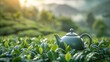 © Vasiliy - Warm cup of tea with teapot, green tea leaves on the wooden desk at morning in plantations