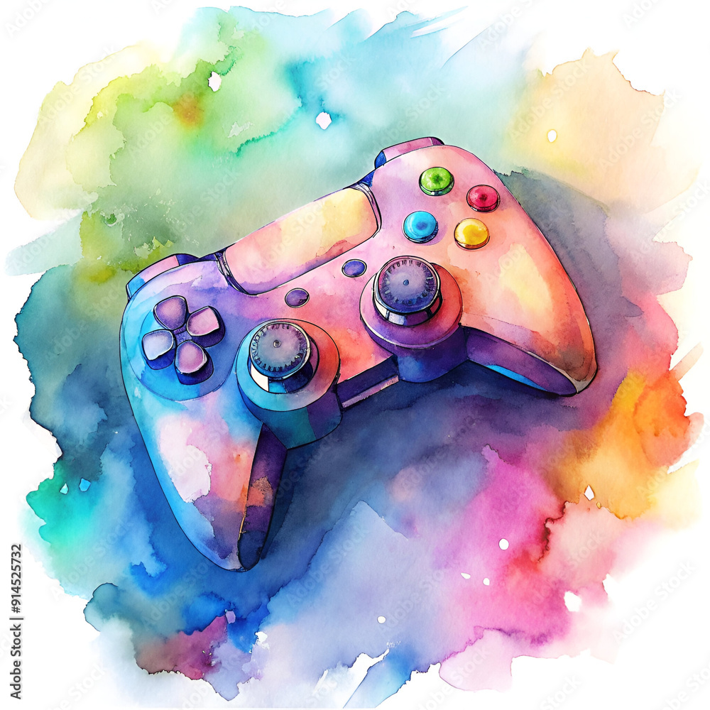 A colorful game controller with a rainbow background. The controller is ...