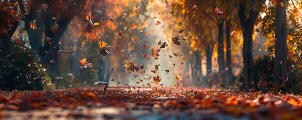 Wall Mural - Colorful autumn leaves falling from trees, 4K hyperrealistic photo