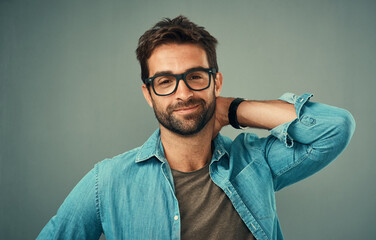 Fototapete - Business smile, man and portrait with stretching for relax, satisfied or comfortable on break. Professional, employee or person with confidence for career pride on studio background with space
