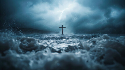 Jesus Christ on the cross over stormy water with rain and lightning God religion Christianity faith Jesus Christ savior holy bible gospel crucifix Christian cross