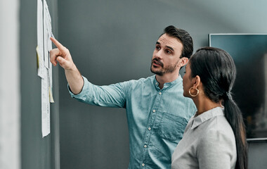 Poster - architecture, man and woman at board for discussion, project management or creative development in o