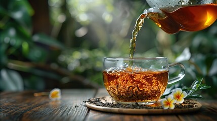 Wall Mural - Glass cup of tea on wooden table and blurred nature background