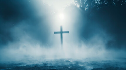 Wall Mural - Christian cross standing on a hill with fog religion faith Christianity god Jesus Christ savior heaven spiritual hope prayer belief symbol light darkness mysterious spooky haunted creepy background