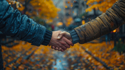 Two People Shaking Hands in Autumn Park in Evening Signifying Partnership and Cooperation Amidst Fallen Leaves