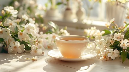 A Cup of green tea and white Jasmine flowers.Jasmine flowers in vase and two glass cups of green tea