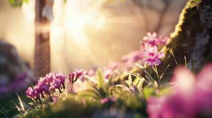 Wall Mural - Pink flowers blooming in spring garden morning sunlight nature floral background beautiful botany blossom petal flora green color plant blooming season springtime fresh garden landscape leaf natural