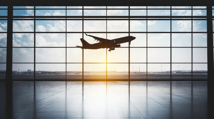 Wall Mural - Silhouette of a Commercial Aircraft Taking Off at Sunrise Viewed from Airport Terminal Window Reflecting Travel and Transport Concepts