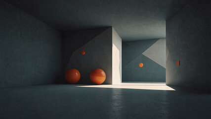 Wall Mural - Minimalist Geometric Interior with Orange Spheres and Shadows in a Modern Art Style Room