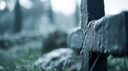 Frosted wooden cross in cemetery winter death grief memorial graveyard headstone religion christianity spirituality sadness mourning remembrance faith jesus christ christian