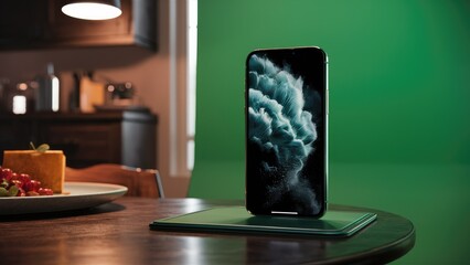 Poster - Smartphone placed on a kitchen table with a green screen closeup view of display for mockup and chroma key application