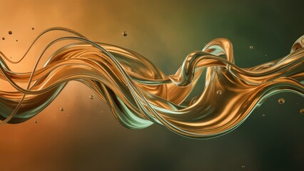Poster - Unique golden muted green and rich orange liquid waves  3D illustration and rendering