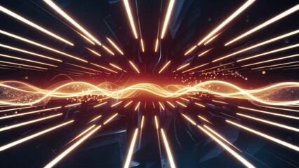 Poster - Illuminated Abstract Background with Light Stripes and Glowing Waves from Particles and Energy Points in a Futuristic HiTech Style