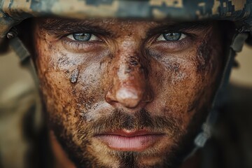 Wall Mural - gritty closeup portrait of a battleworn soldier scars etched across weathered features intense gaze reflects a complex mix of determination and weariness highlighting the human cost of conflict