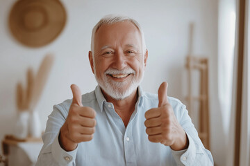 Senior man with a white beard giving a thumbs up, smiling, wearing a light blue shirt, indoor setting.