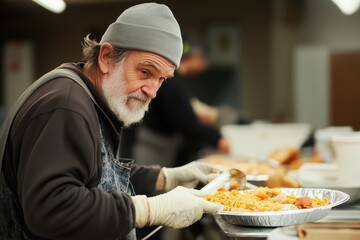 Community Volunteer Prepares Warm Meals for Those in Need at Local Kitchen During Evening Shift