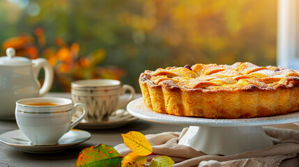 delicious plum pie on a table in the garden near the house, two cups of tea nearby, autumn tea party concept, healthy homemade food