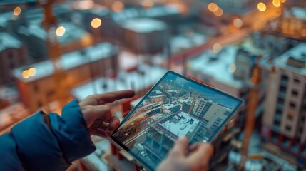 A person is holding a tablet and pointing at a cityscape