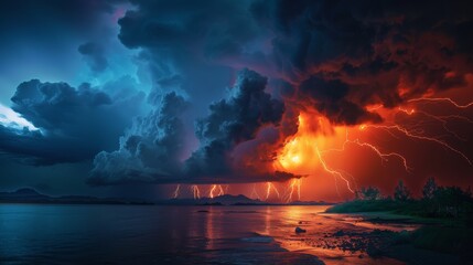 A stormy sky with a large red and blue cloud