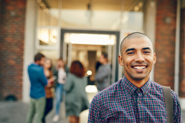 Aufkleber - Portrait, happy man or confident college student on outdoor campus in university for opportunity, future or study. Proud, young person or scholar with smile for school, education or scholarship