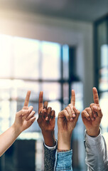 Poster - Business people, fingers and sign for vote in office, feedback and emoji for pointing together. Employees, team building and hand up for problem solving or solution, workshop and staff opinion
