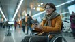 © Johannes - Phone, smile and a woman with a disability in an airport for travel or online booking confirmation. Business, communication and a flight passenger in a wheelchair for check in or accessibility
