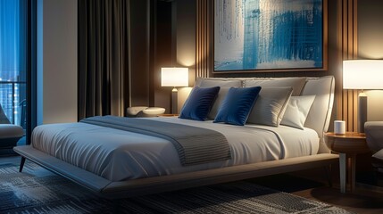 Wall Mural - A large bed with a blue comforter and pillows is in a room with a blue