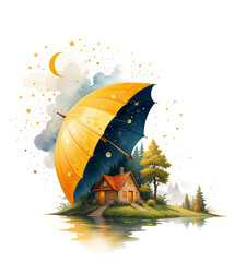 A whimsical illustration of a house under the umbrella, beautiful scenic view wallpaper, digital painting style, white abstract background, autumn fairy tale